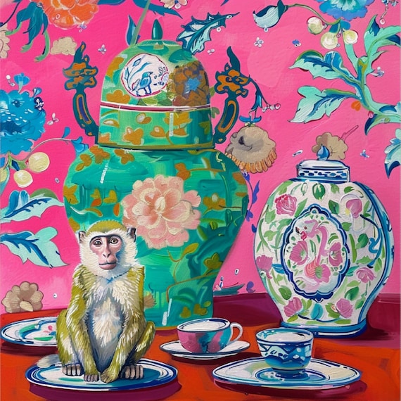 Grandmillennial art, Monkey in chinoiserie interior art print
