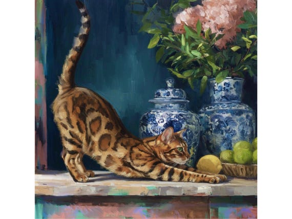 Grandmillennial art, The Morning Stretch, Coastal chinoiserie Bengal cat portrait in jewelled blue chinoiserie room