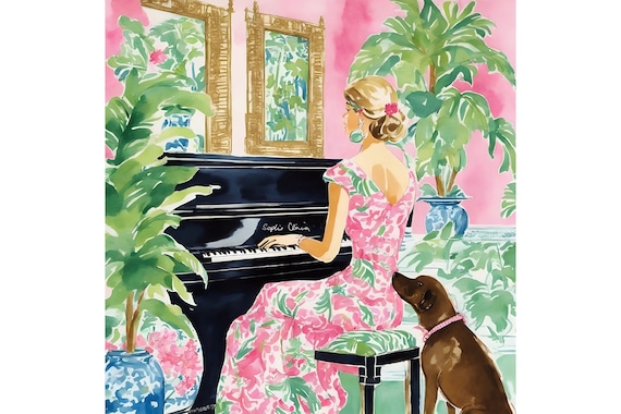 Grandmillennial art, The rehearsal, preppy whimsical watercolor