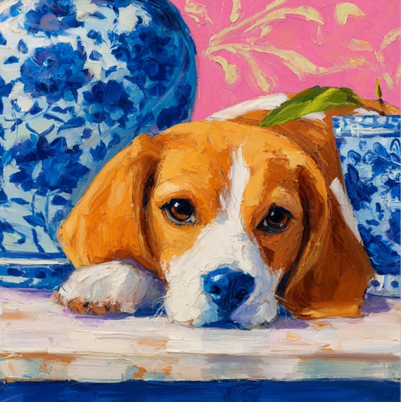 Grandmillennial art, Thoughtful Beagle in blue and pink room, Whimsical Dog Art