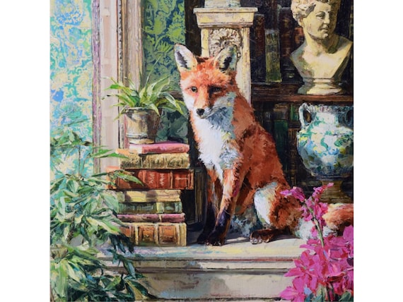 Grandmillennial art, Fox in Old Library, whimsical animals signed art