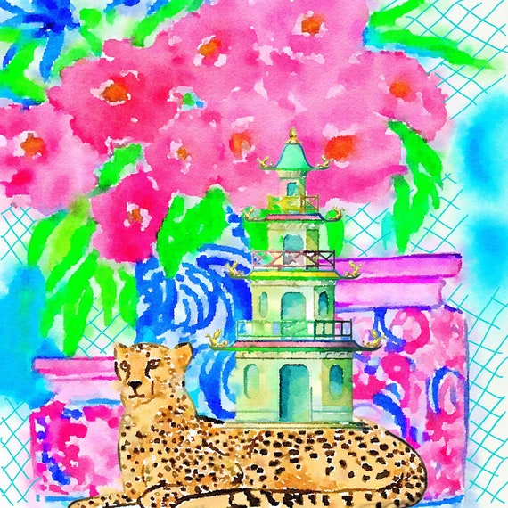 Grandmillennial art, Unique modern chinoiserie print with cheetah and green pagoda, choice of sizes