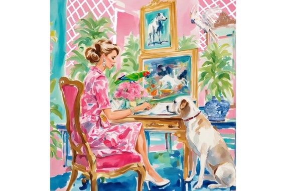 Grandmillennial art, The going ons in the pink room, preppy whimsical dog watercolor