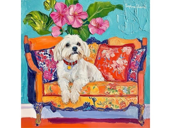 Grandmillennial art, Multipoo on Orange Sofa, whimsical dog print