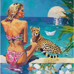 May include: A woman in a pink floral bikini sits on a ledge by the water with a cheetah beside her. A paper boat floats in the water. The scene is painted in a vibrant, colorful style.