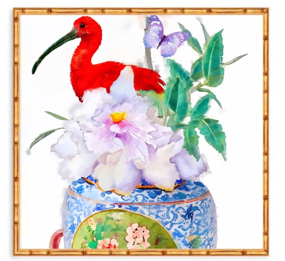 Chinoiserie art print birds, red Ibis and chinoiserie jar watercolor