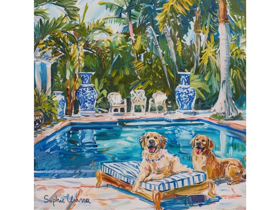 Grandmillennial art, Golden Retrievers at the swimming pool, whimsical painting