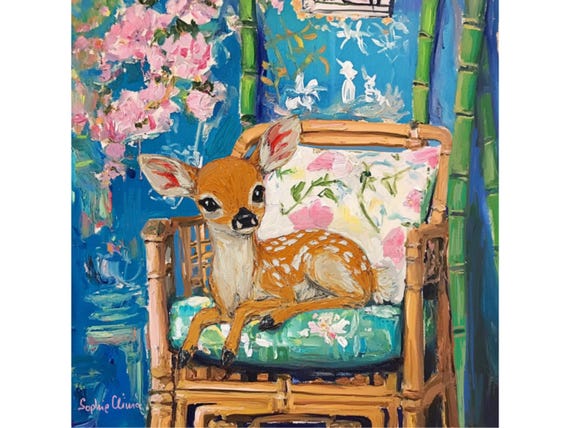 Baby Deer Art Print: Whimsical Chinoiserie Giclee