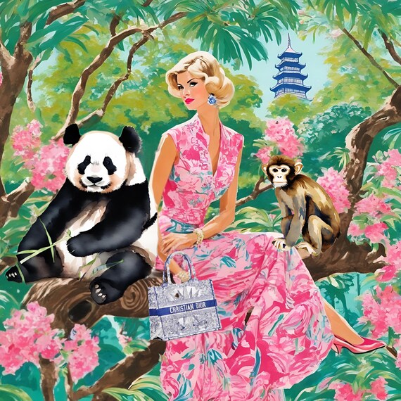 Chinoiserie Panda Art Print: Whimsical Grandmillennial Decor