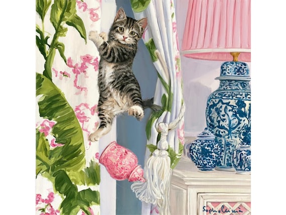 The pink ginger jars had it coming, whimsical cat art, signed fine art print