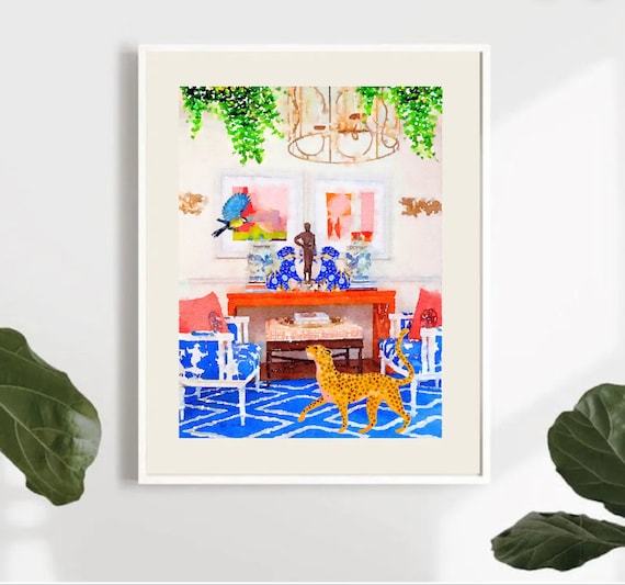 Grandmillennial artPreppy fine art print with cheetah in orange interior
