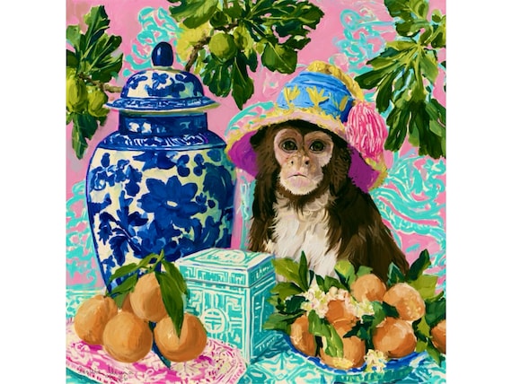 Chinoiserie Monkey Art Print, Blue White Ginger Jar, Palm Beach Wall Decor, Southern Grandmillennial Signed Print