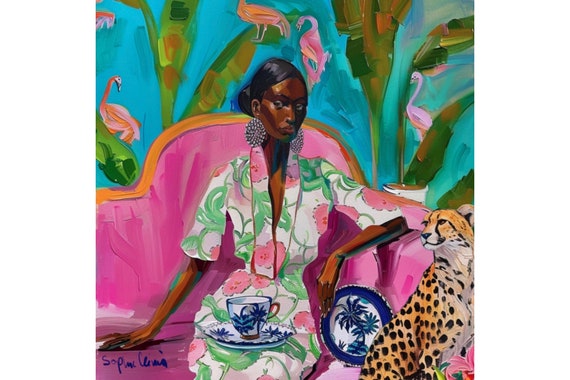 Grandmillennial art, A girl with cheetah in pink and green room, whimsical fine art