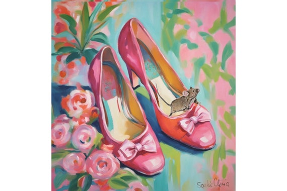 Grandmillennial art, pink shoes and roses, whimsical fine art