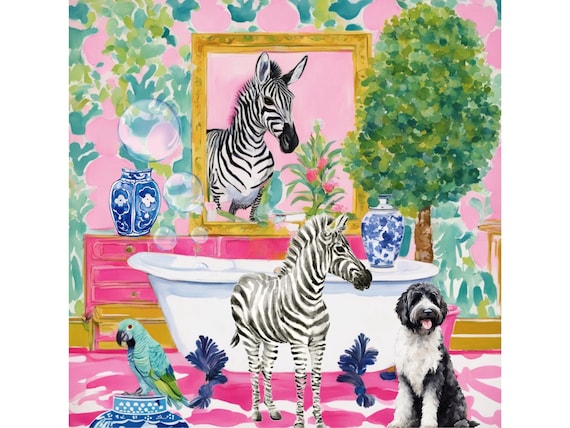 Grandmillennial art, Zebra Bubble Bath, whimsical wall art