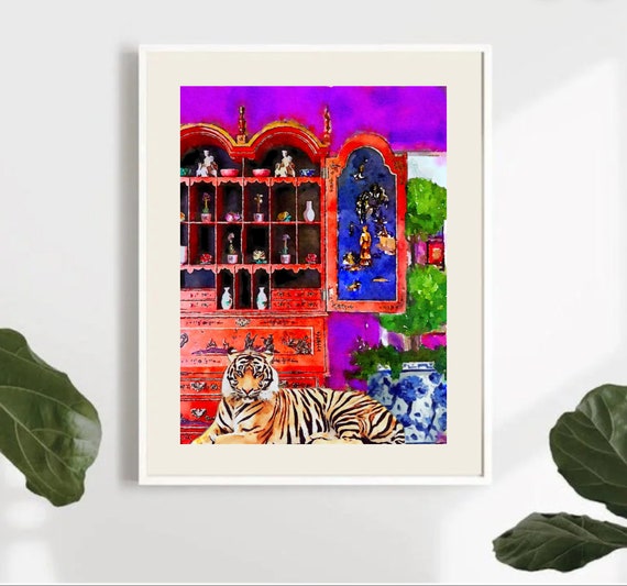 Grandmillennial artFine art print, tiger in chinoiserie interior