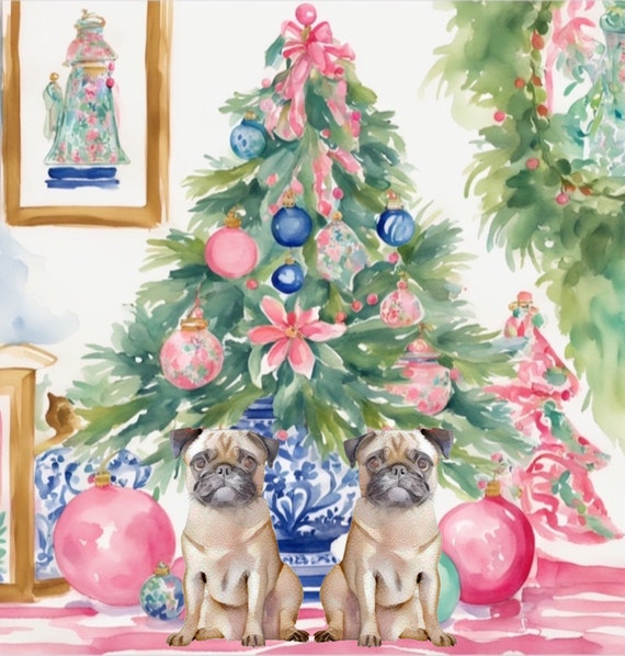 Grandmillennial art, Pugs and a Christmas tree in chinoiserie interior, whimsical watercolor
