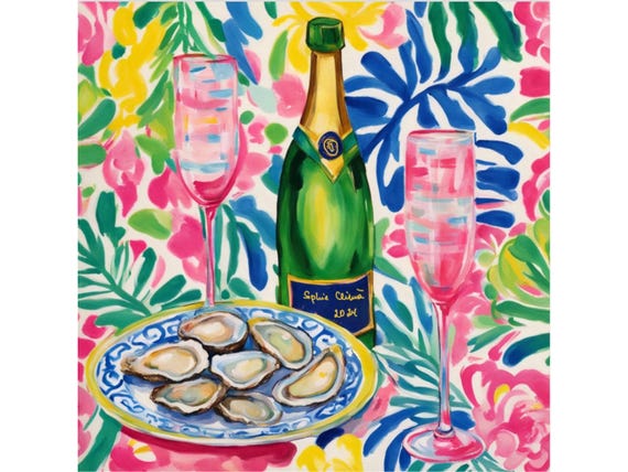 Grandmillennial art, Champaign and Oysters part 2, Matisse inspired oyster art