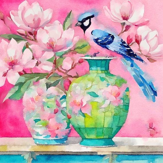 Grandmillennial art, preppy Chinoiserie tiger, whimsical chinoiserie