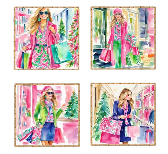 Grandmillennial Christmas Shopping Art Prints: Set of 4