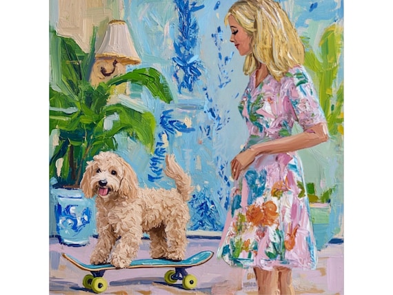 Grandmillennial art, A new skateboard, whimsical labradoodle art