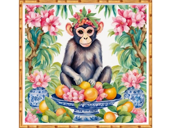 Grandmillennial art, Monkey with fruit bowl art print