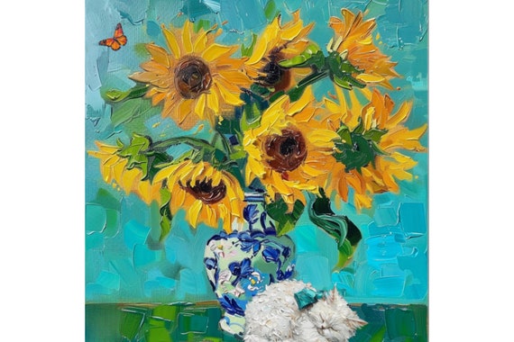 An afternoon nap under sunflowers, original painting