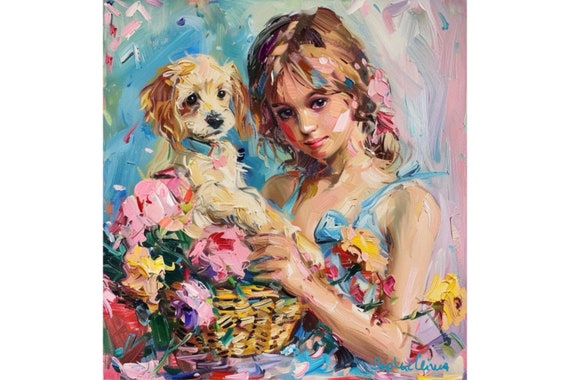 Grandmillennial art, A new puppy, whimsical fine art