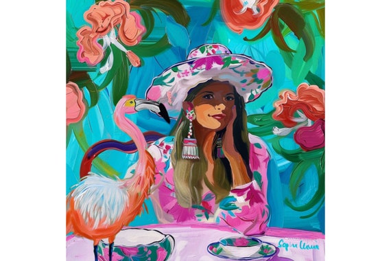 Grandmillennial art, A girl with a pink flamingo, whimsical fine art