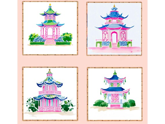 Grandmillennial Pagoda & Topiary Art Prints - Set of 4