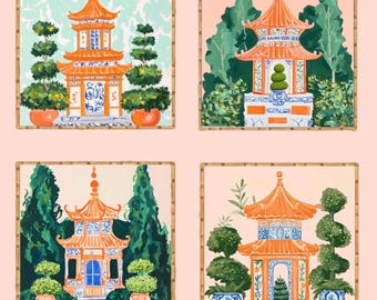 Chinoiserie Pagoda Prints: Orange Topiaries Watercolor Art, Set of 4