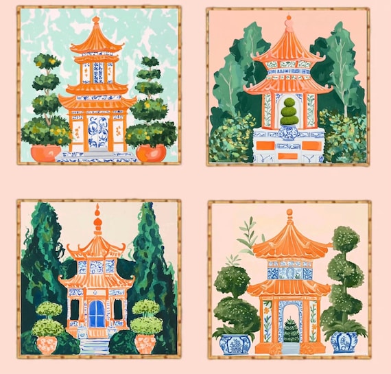 Chinoiserie Pagoda Prints: Orange Topiaries Watercolor Art, Set of 4