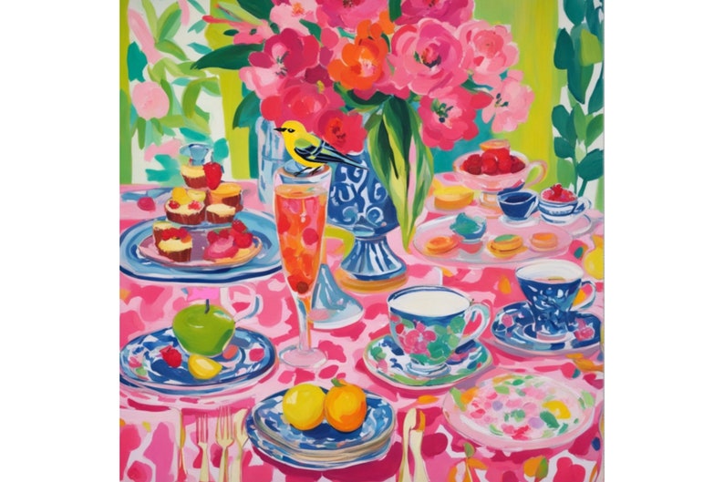 Puede incluir: Una pintura de un mantel rosa con una variedad de alimentos y bebidas, incluyendo cupcakes, tazas de t&eacute; y una copa de champ&aacute;n. Un p&aacute;jaro amarillo est&aacute; posado en el borde de un jarr&oacute;n de flores rosas.