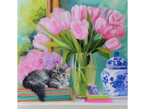 Whimsical Kitten and Tulips Giclee Art Print, Grandmillennial Chinoiserie Style