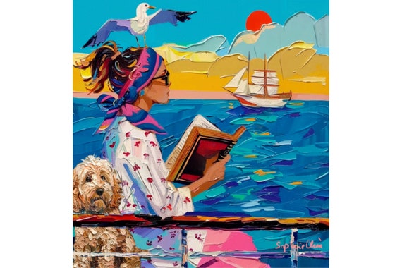 Coastal Dog Art Print: Whimsical Seaside Painting (Unframed)