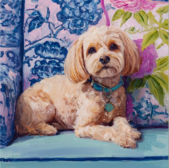 Grandmillennial art, A Little Princess, coastal Multipoo dog signed giclee print