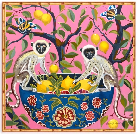 Chinoiserie Monkey Lemon Art Print: Grandmillennial Decor