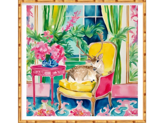 Grandmillennial art, Deer in Preppy chinoiserie interior, whimsical fine art