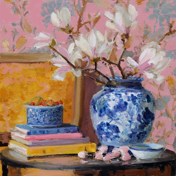 Magnolia in ginger jar in pink chinoiserie room, grandmillennial art print, signed