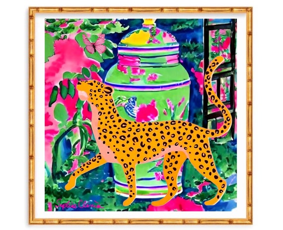 Grandmillennial art, Unique modern chinoiserie print with cheetah and neon green jar