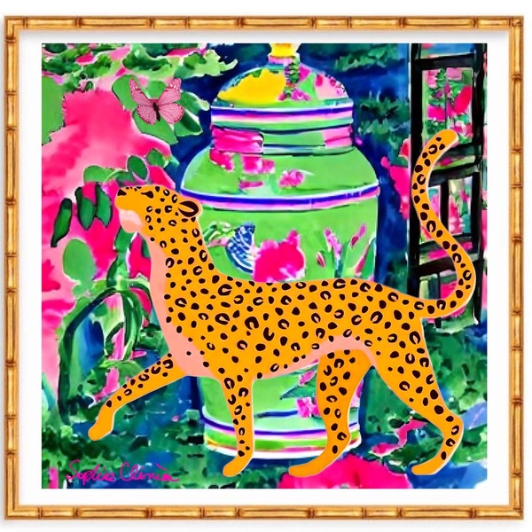 Grandmillennial art, Unique modern chinoiserie print with cheetah and neon green jar