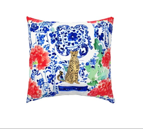 Cheetah and chinoiserie jars cushion, natural cotton canvas,  18”x18”