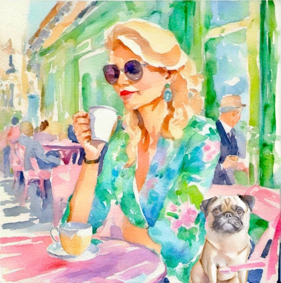 Grandmillennial art, A girl and her Pug having coffee