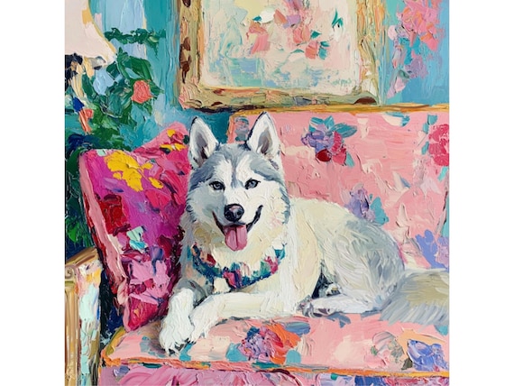 Grandmillennial aer, Husky on a pink sofa, whimsical fine art
