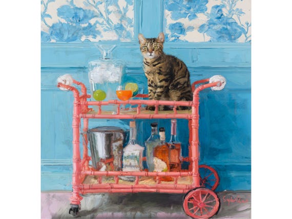 Chinoiserie Bar Cart Art Print: Preppy Cat, Palm Beach Decor