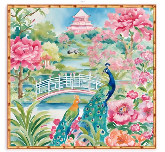 Chinoiserie panel, Mystical chinoiserie garden, part 2, art print
