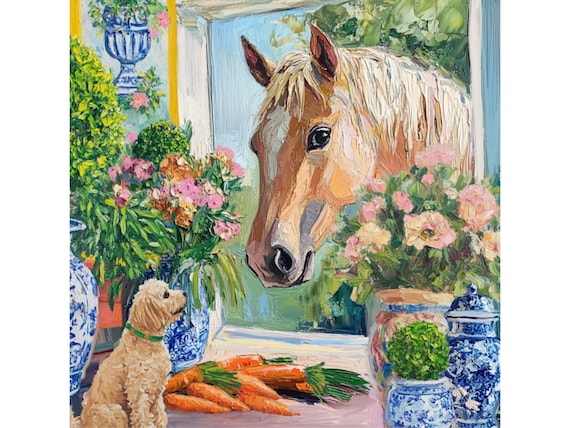 A Carrot Thief Giclee Art Print: Whimsical Horse & Dog