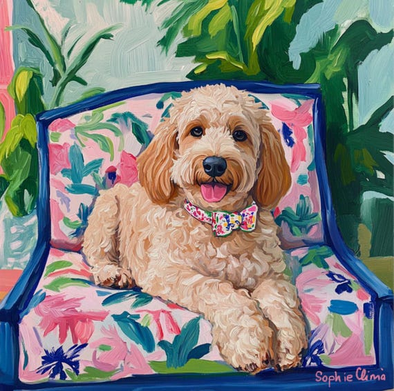 Grandmillennial art, Labradoodle in preppy interior, fine art dog print