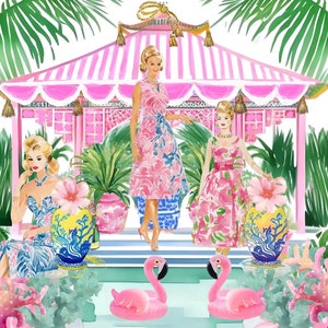 Grandmillennial art, Party in pink cabana, Palm Beach girly art