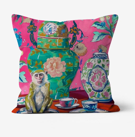 Monkey and chinoiserie jars cushion, natural cotton canvas,  18”x18”